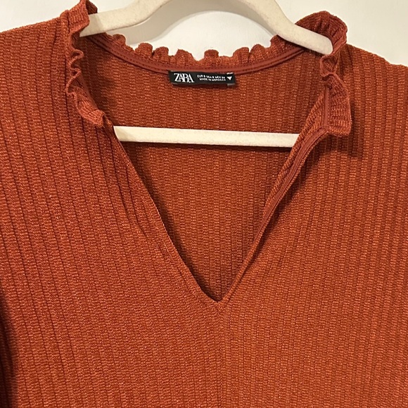 Zara Women's Long Sleeve Ribbed Rust Dress - Picture 3 of 5